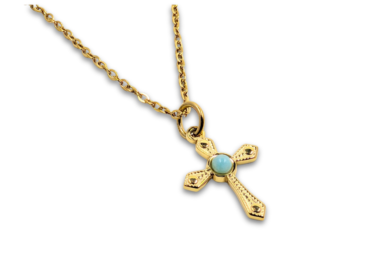 Amazonite Cross Pendant 18k Gold Plated Stainless Steel