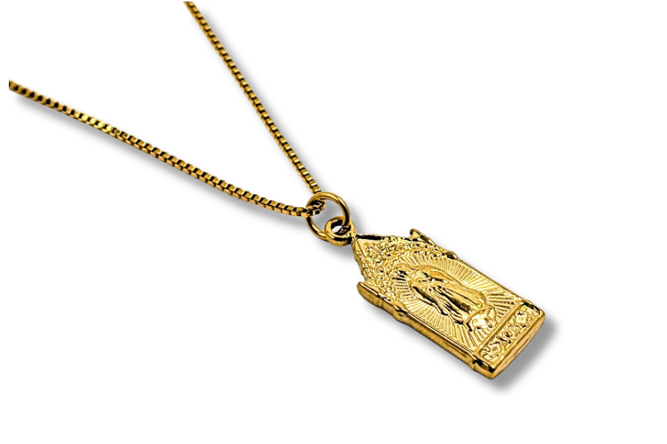 Our Lady of Guadalupe Church Necklace Box Chain 18k Gold Plated Stainless Steel 16-18"