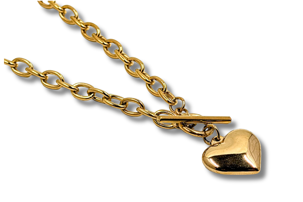 Heart Paperclip Toggle Clasp 18" Necklace 18k Gold Plated Stainless Steel