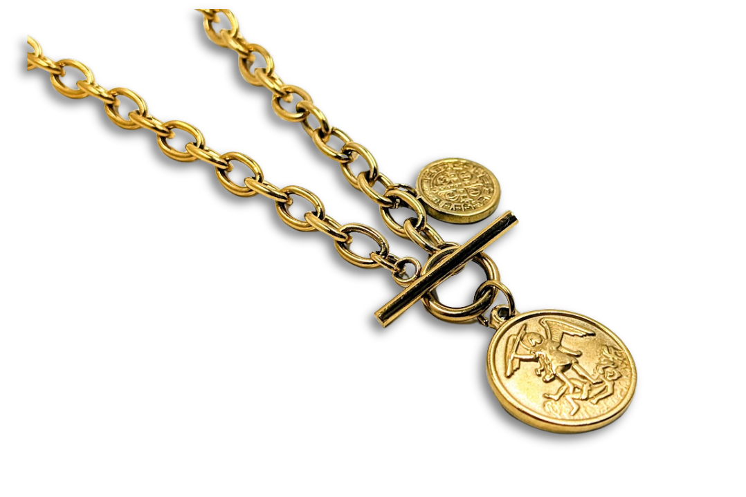 "Army of Protection Combo Necklace" St. Benedict Medal/St. Michael the Archangel on 18" Paperclip Chain 18k Gold Plated Stainless Steel