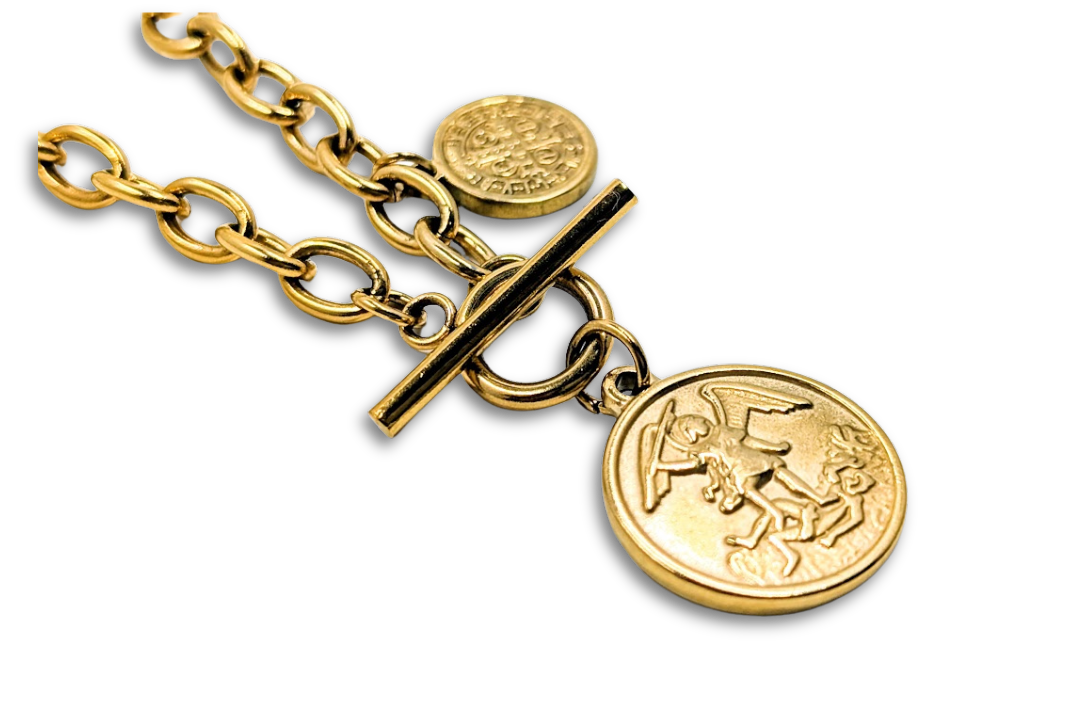 "Army of Protection Combo Necklace" St. Benedict Medal/St. Michael the Archangel on 18" Paperclip Chain 18k Gold Plated Stainless Steel