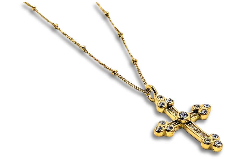 Antique Style CZ Cross Pendant 18k Gold Plated Stainless Steel