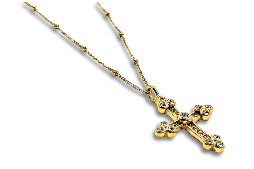 Antique Style CZ Cross Pendant 18k Gold Plated Stainless Steel