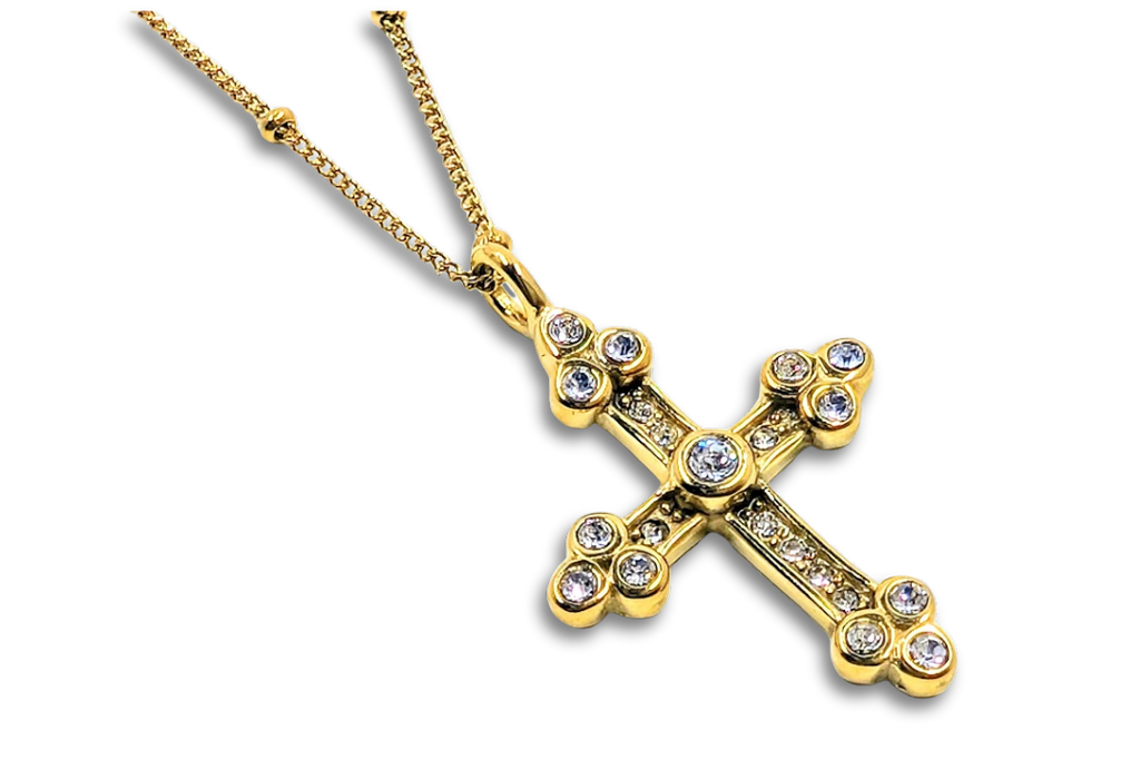 Antique Style CZ Cross Pendant 18k Gold Plated Stainless Steel