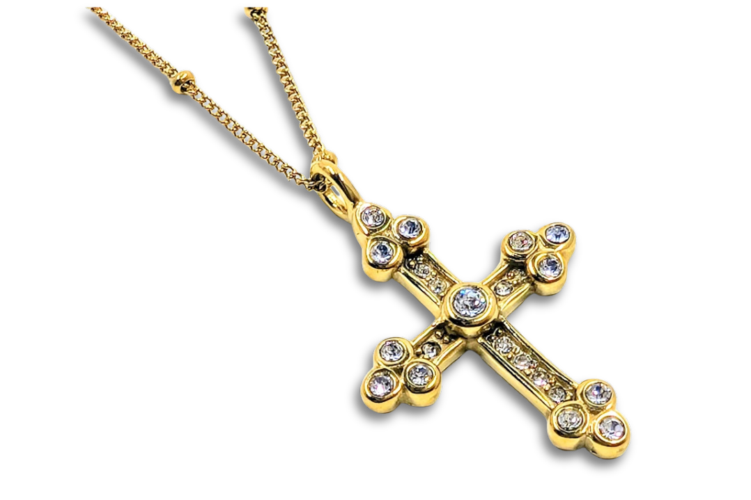 Antique Style CZ Cross Pendant 18k Gold Plated Stainless Steel