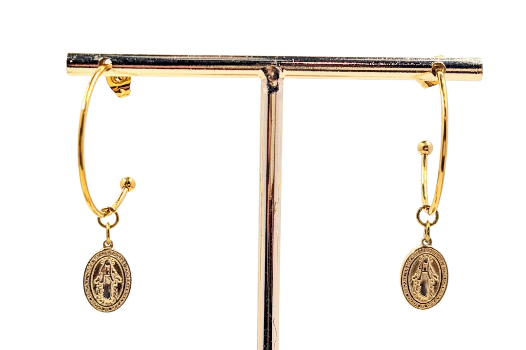 Miraculous Medal Hoop Earrings 18k Gold Plated Stainless Steel
