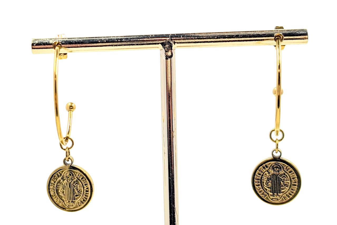 St. Benedict Medal Hoop Earrings 18k Gold Plated Stainless Steel