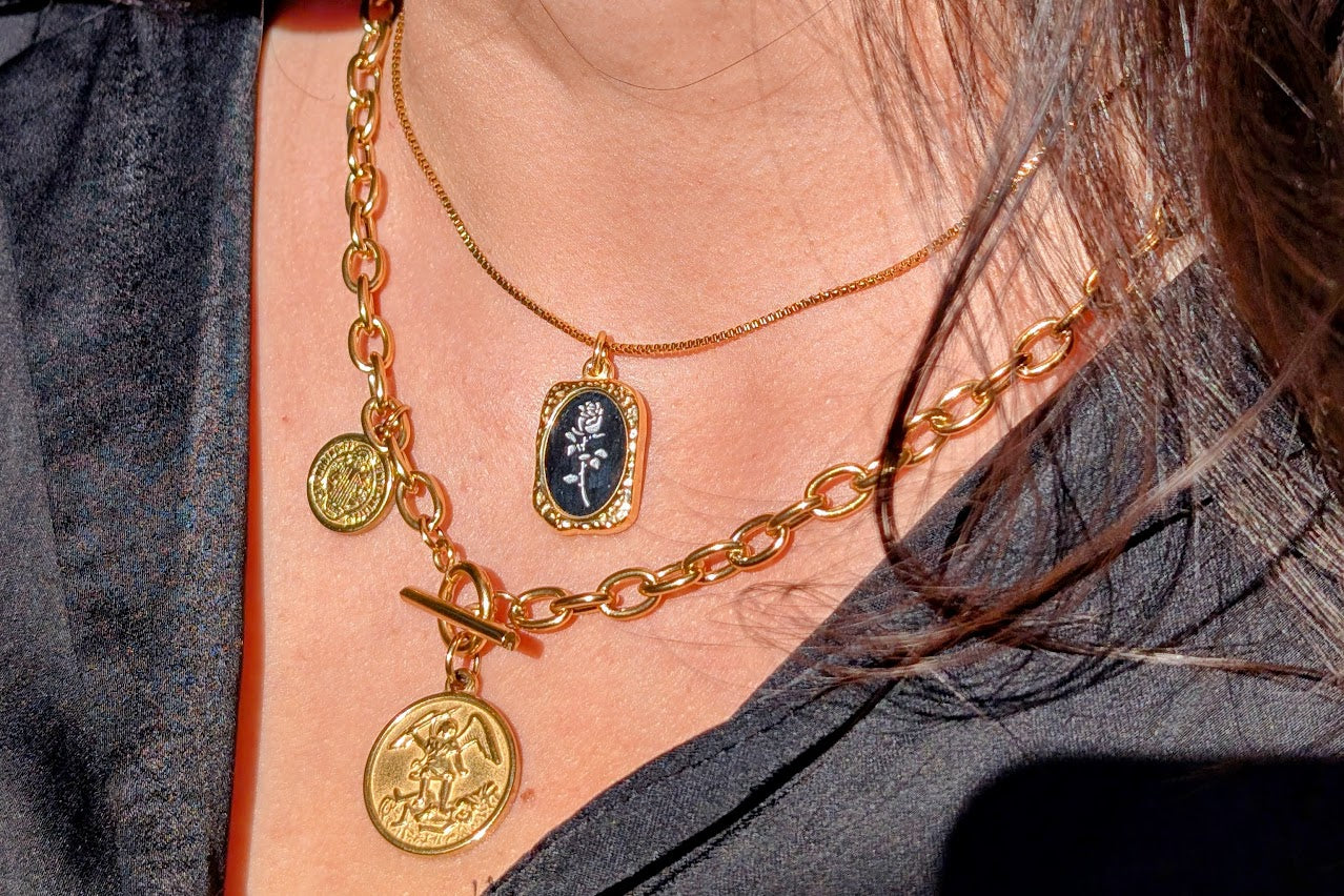 Mystical Rose Necklace Two-Tone Box Chain 18k Gold Plated Stainless Steel 16-18"