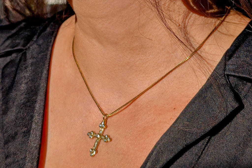 Antique Style CZ Cross Pendant 18k Gold Plated Stainless Steel