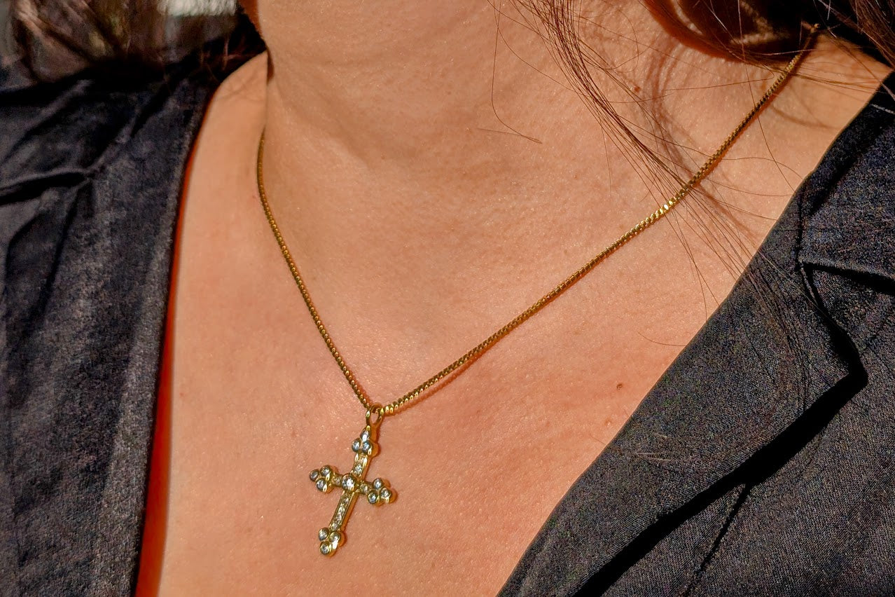 Antique Style CZ Cross Pendant 18k Gold Plated Stainless Steel
