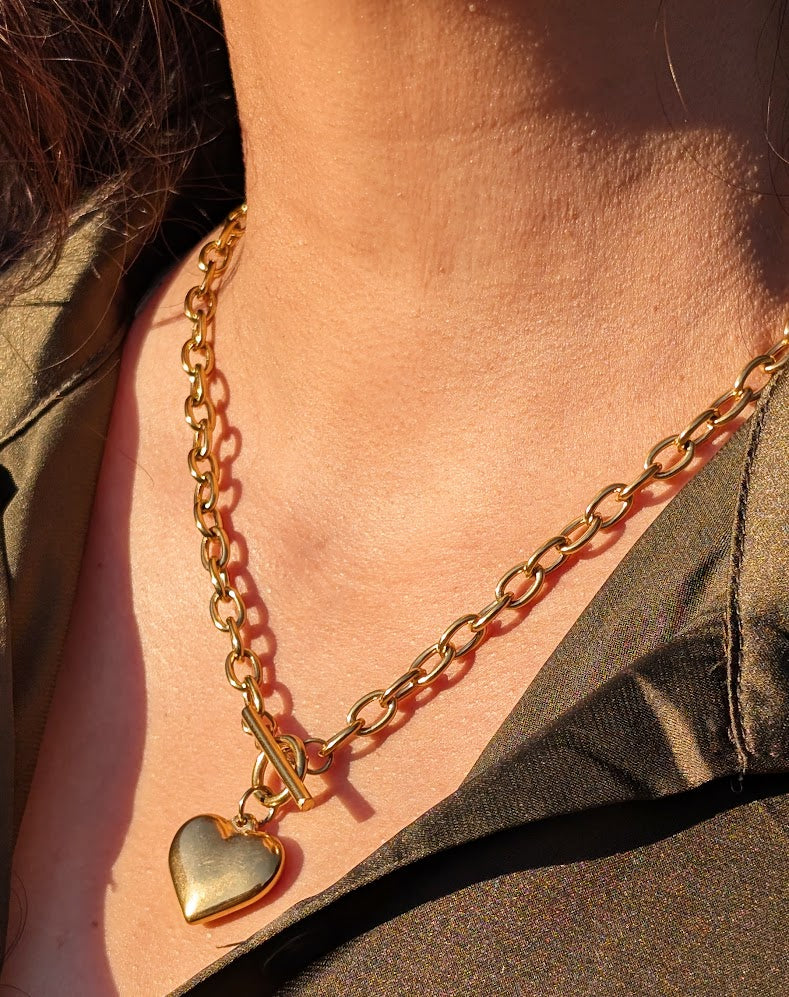 Heart Paperclip Toggle Clasp 18" Necklace 18k Gold Plated Stainless Steel
