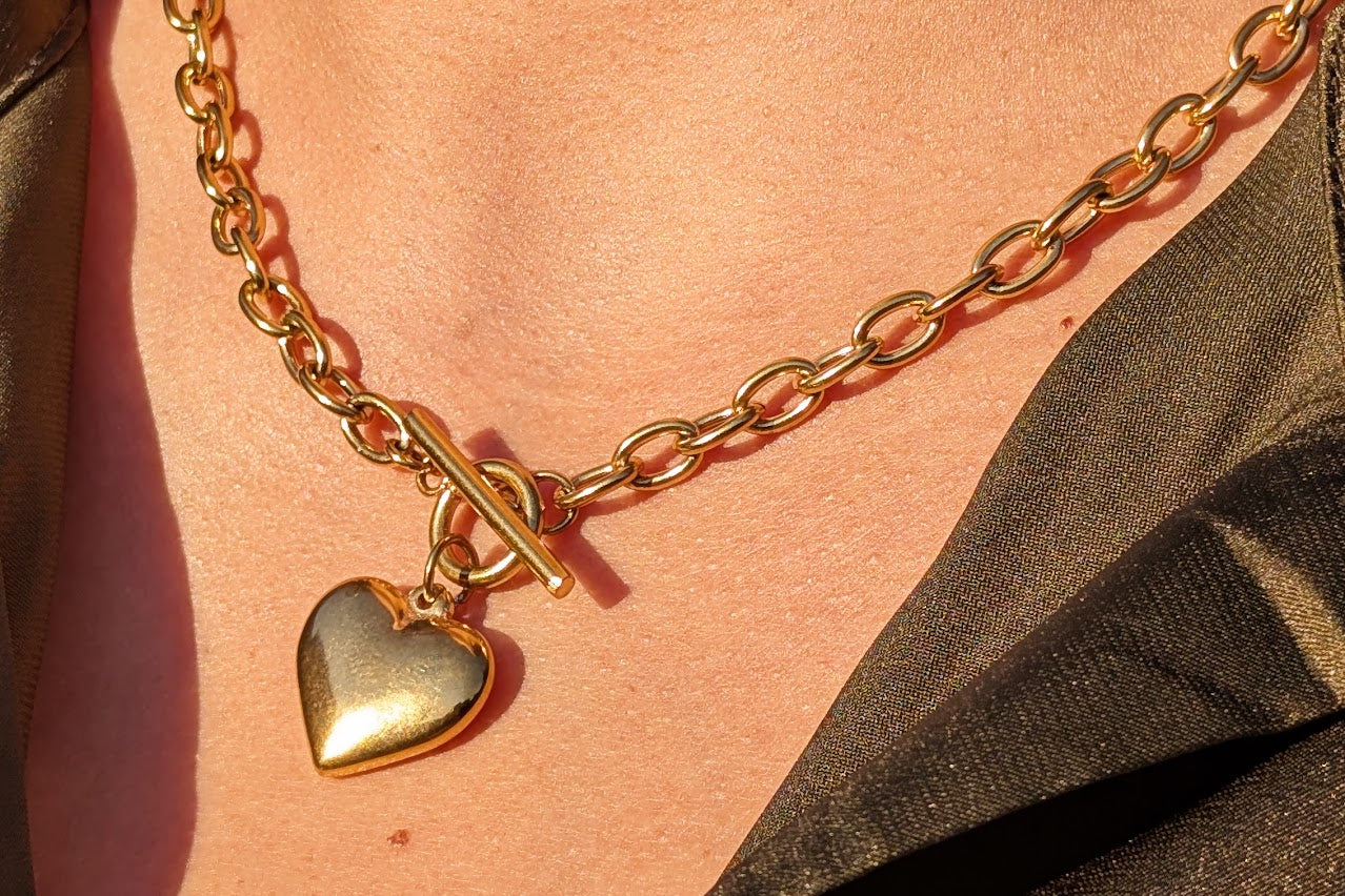Heart Paperclip Toggle Clasp 18" Necklace 18k Gold Plated Stainless Steel