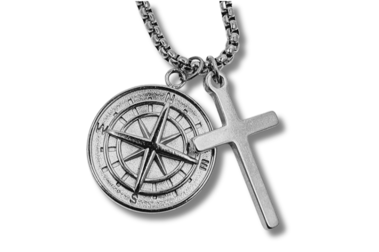 "Jesus Guide My Way Combo Necklace" Compass/Plain Cross Round Box Chain Stainless Steel (Copy)