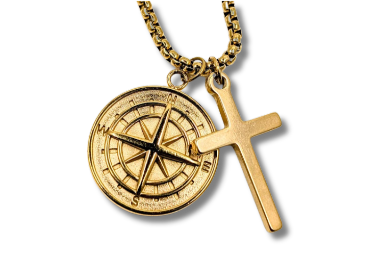 "Jesus Guide My Way Combo Necklace" Compass/Plain Cross Round Box Chain Stainless Steel (Copy)