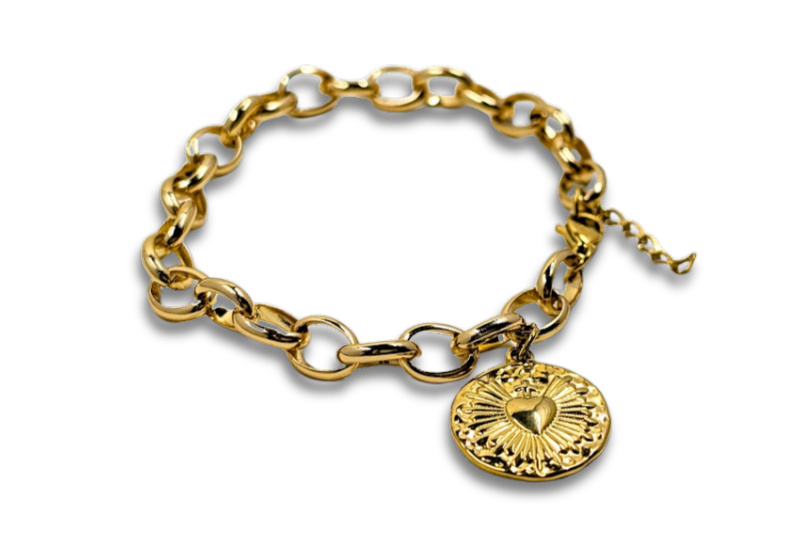 Round Sacred Heart Rolo Chain Bracelet 18k Gold Plated Stainless Steel
