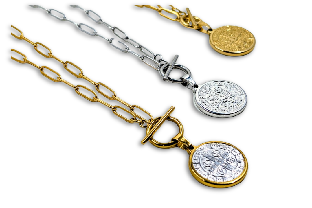 St. Benedict Medal Paperclip Chain Necklace Stainless Steel