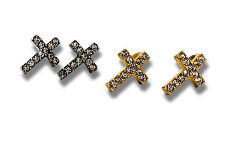 CZ Cross Stud Earrings 18k Gold Plated Stainless Steel
