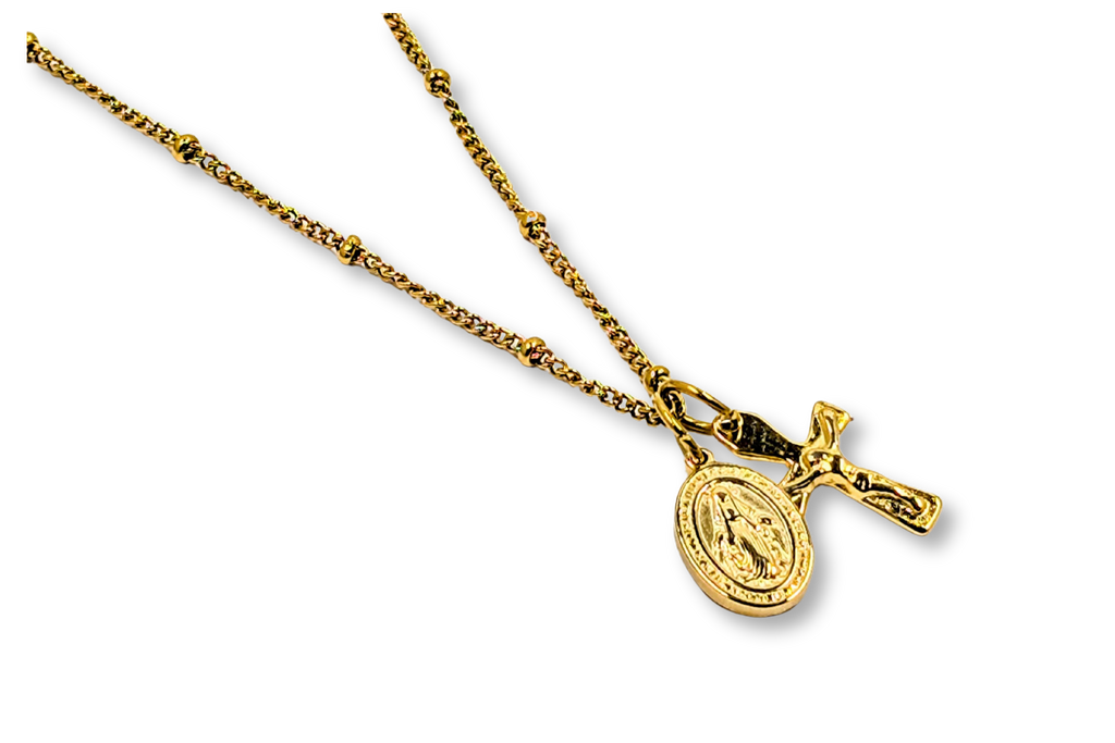Mini Crucifix Miraculous Medal Satellite Chain Necklace Stainless Steel