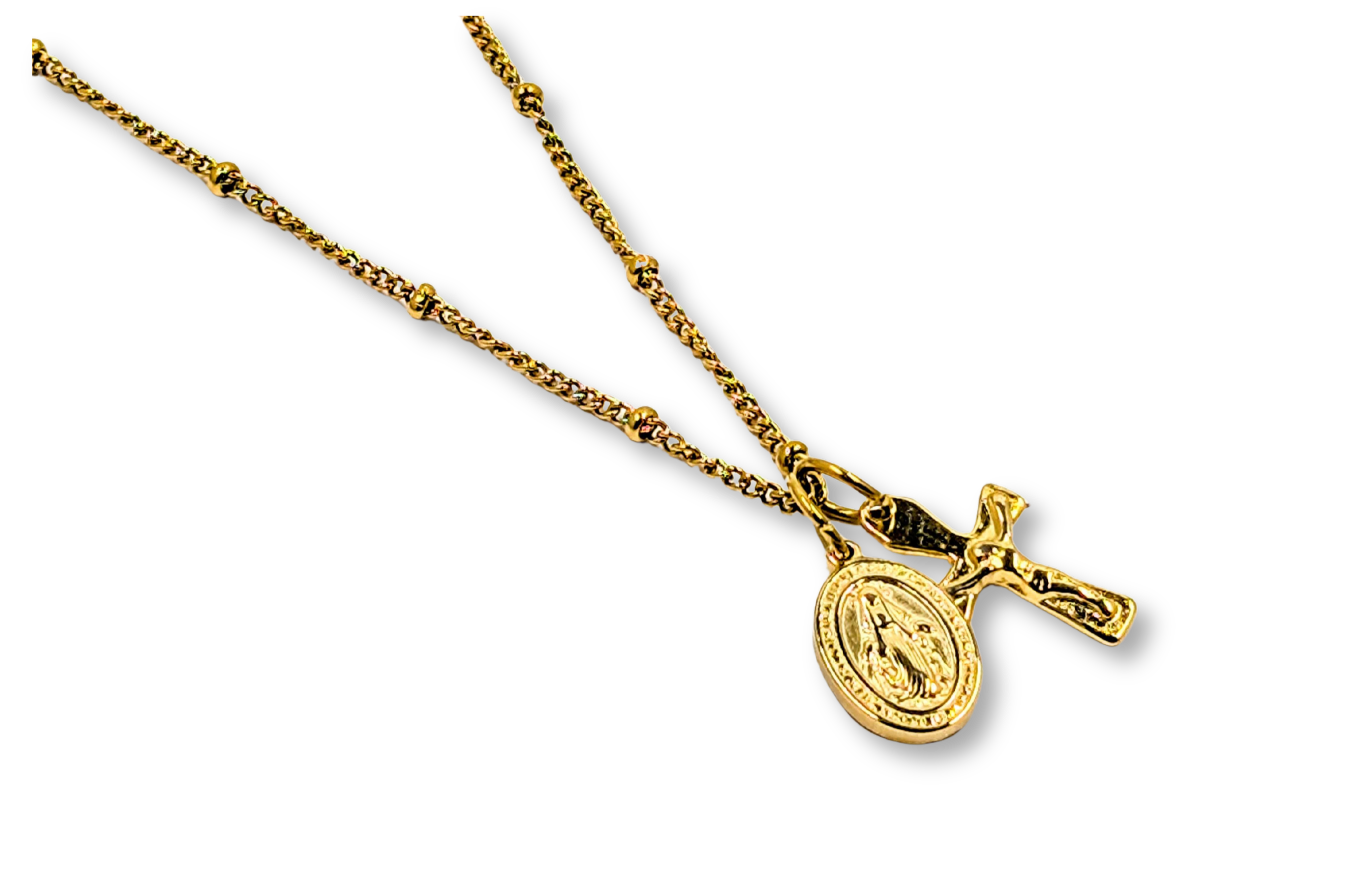 Mini Crucifix Miraculous Medal Satellite Chain Necklace Stainless Steel