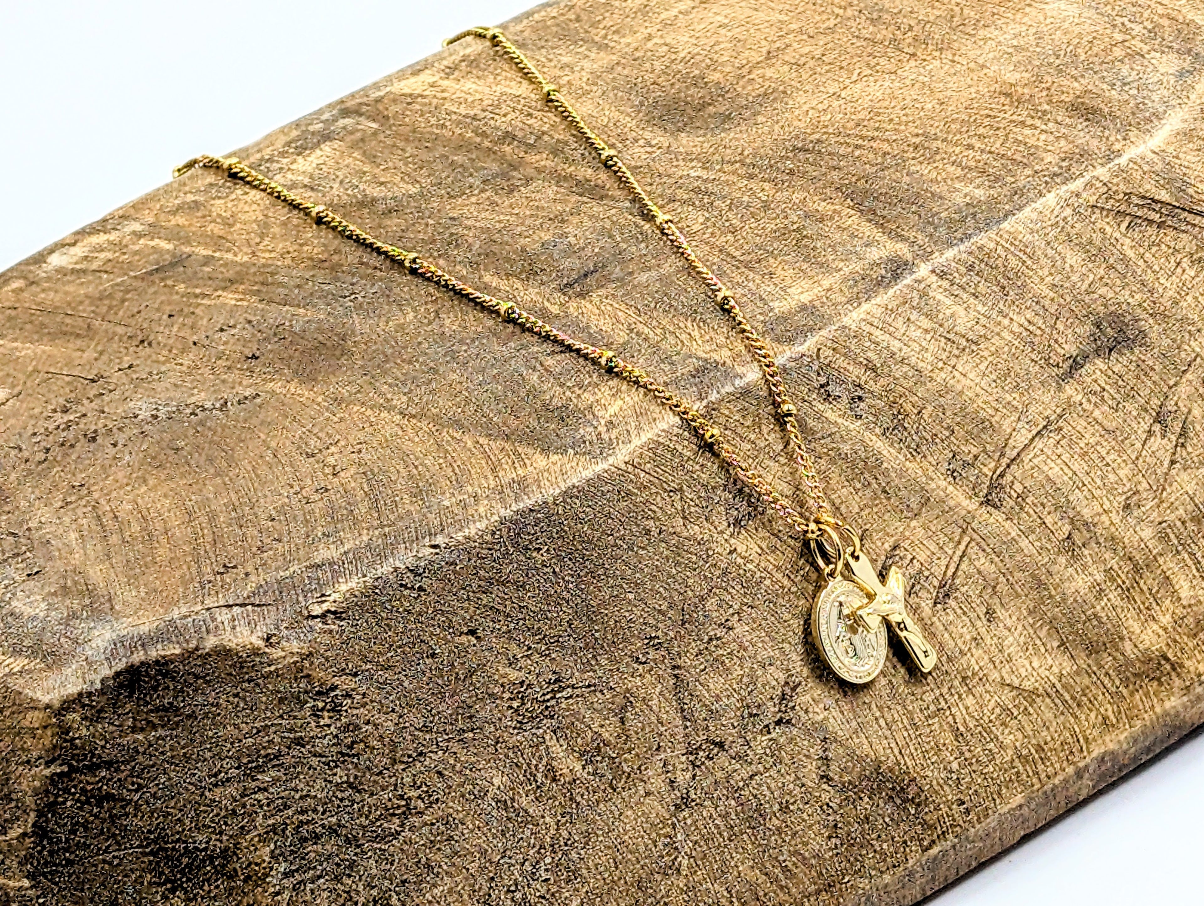 Mini Crucifix Miraculous Medal Satellite Chain Necklace Stainless Steel