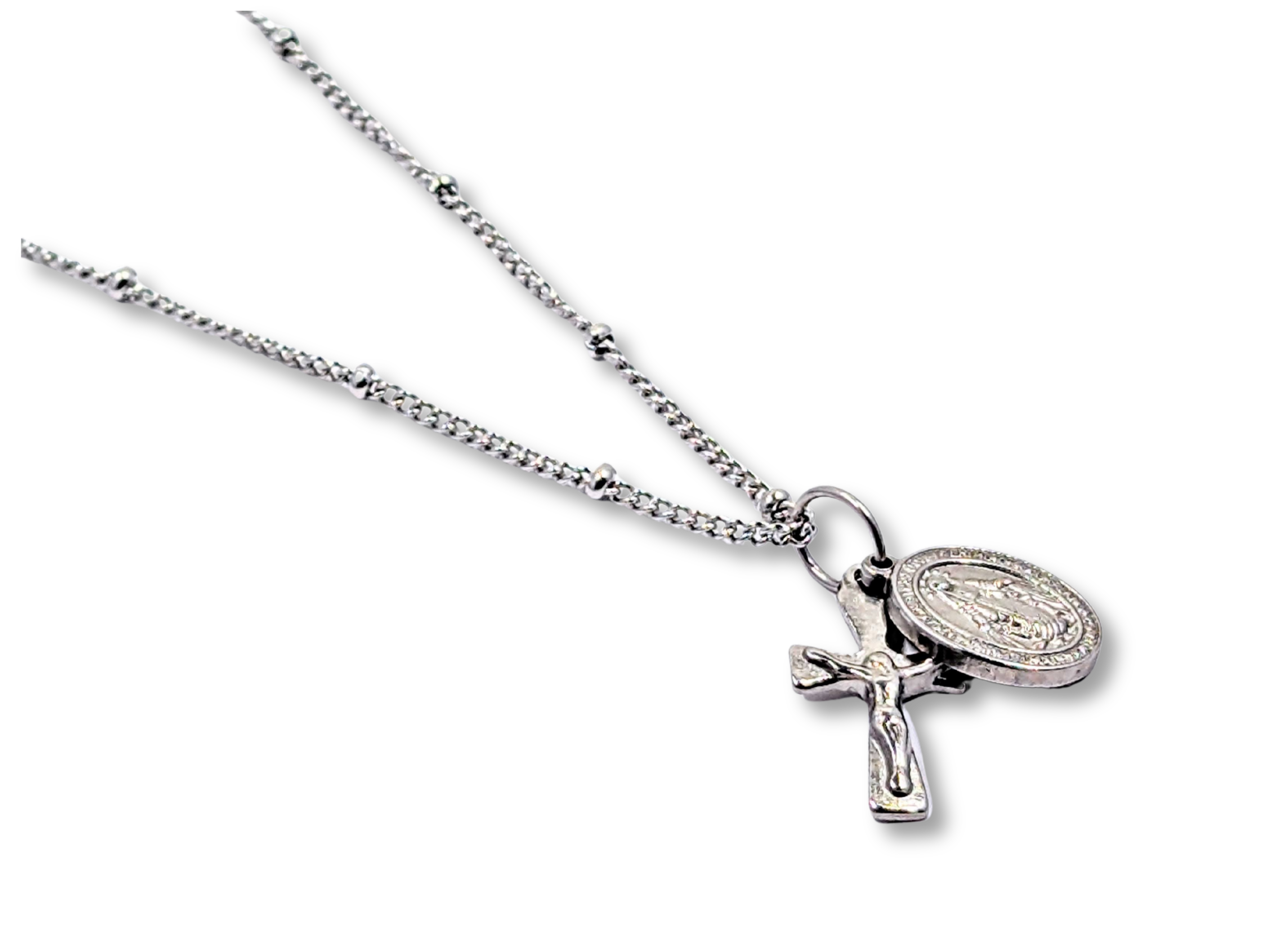 Mini Crucifix Miraculous Medal Satellite Chain Necklace Stainless Steel