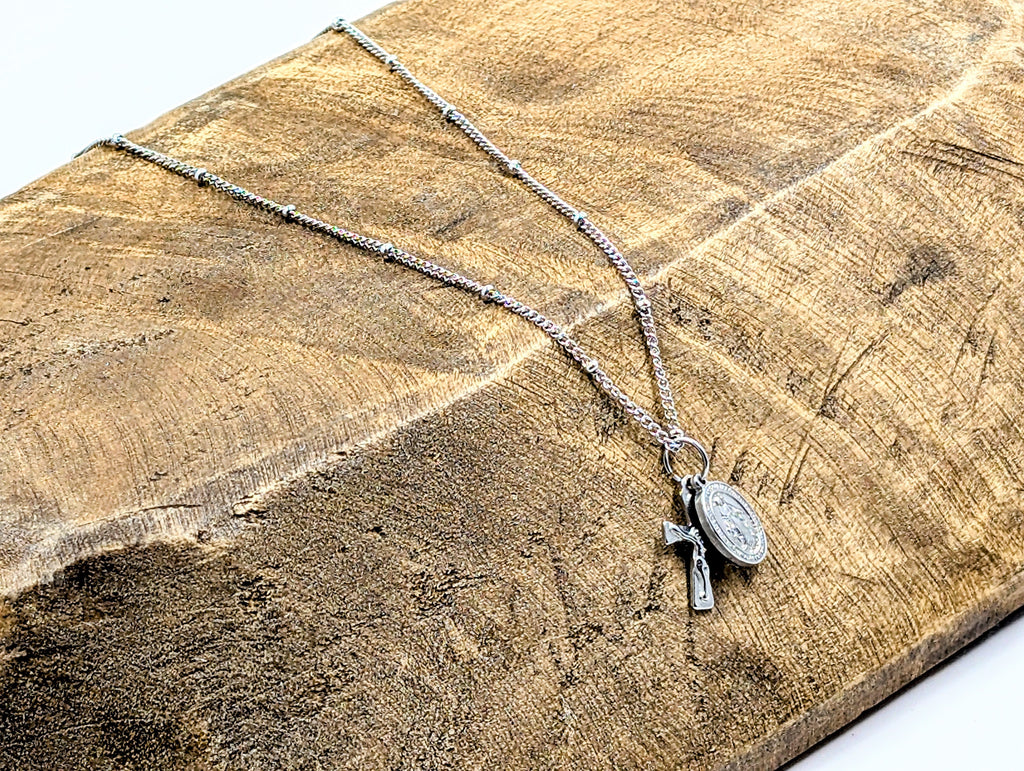 Mini Crucifix Miraculous Medal Satellite Chain Necklace Stainless Steel