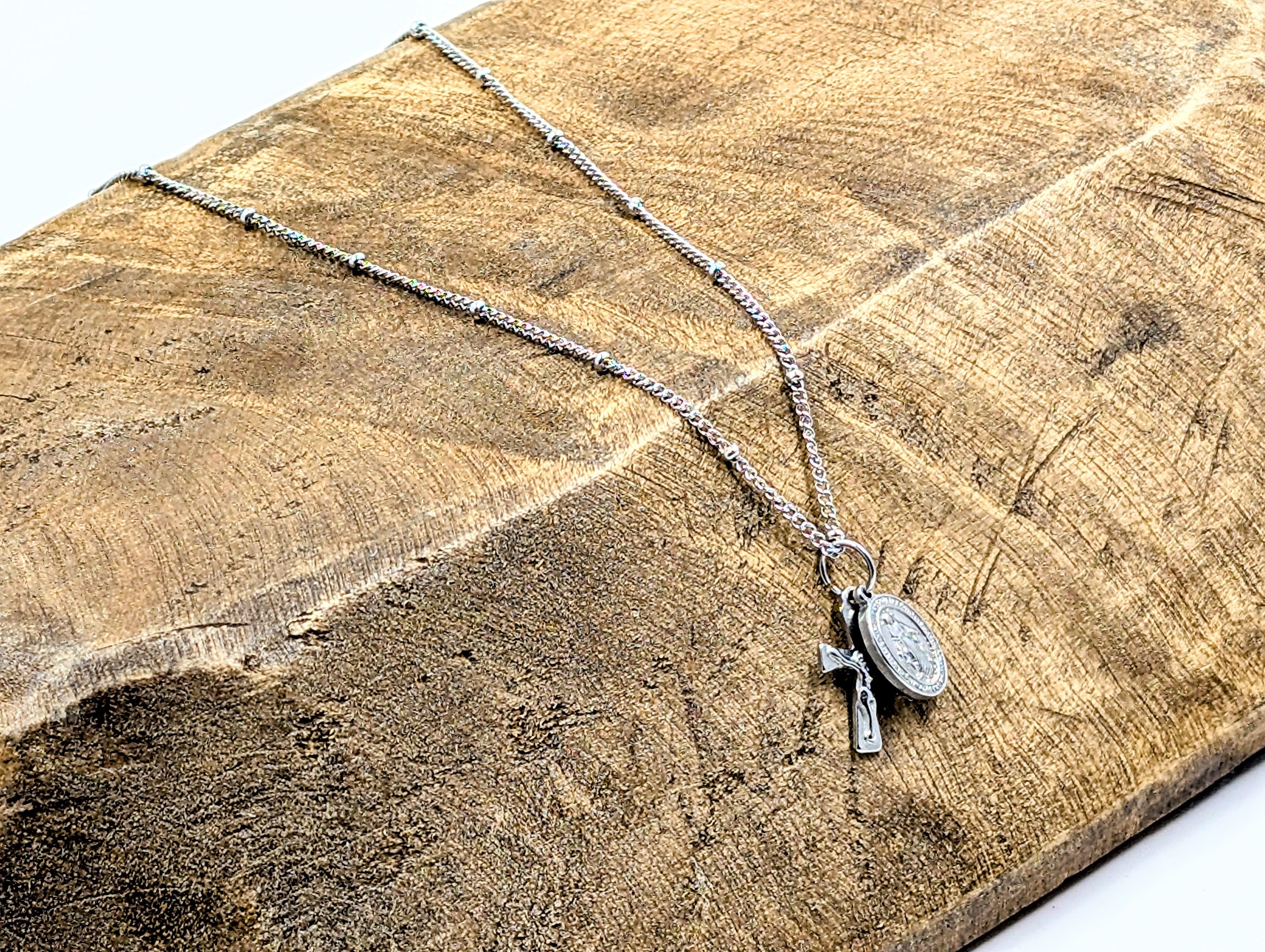 Mini Crucifix Miraculous Medal Satellite Chain Necklace Stainless Steel